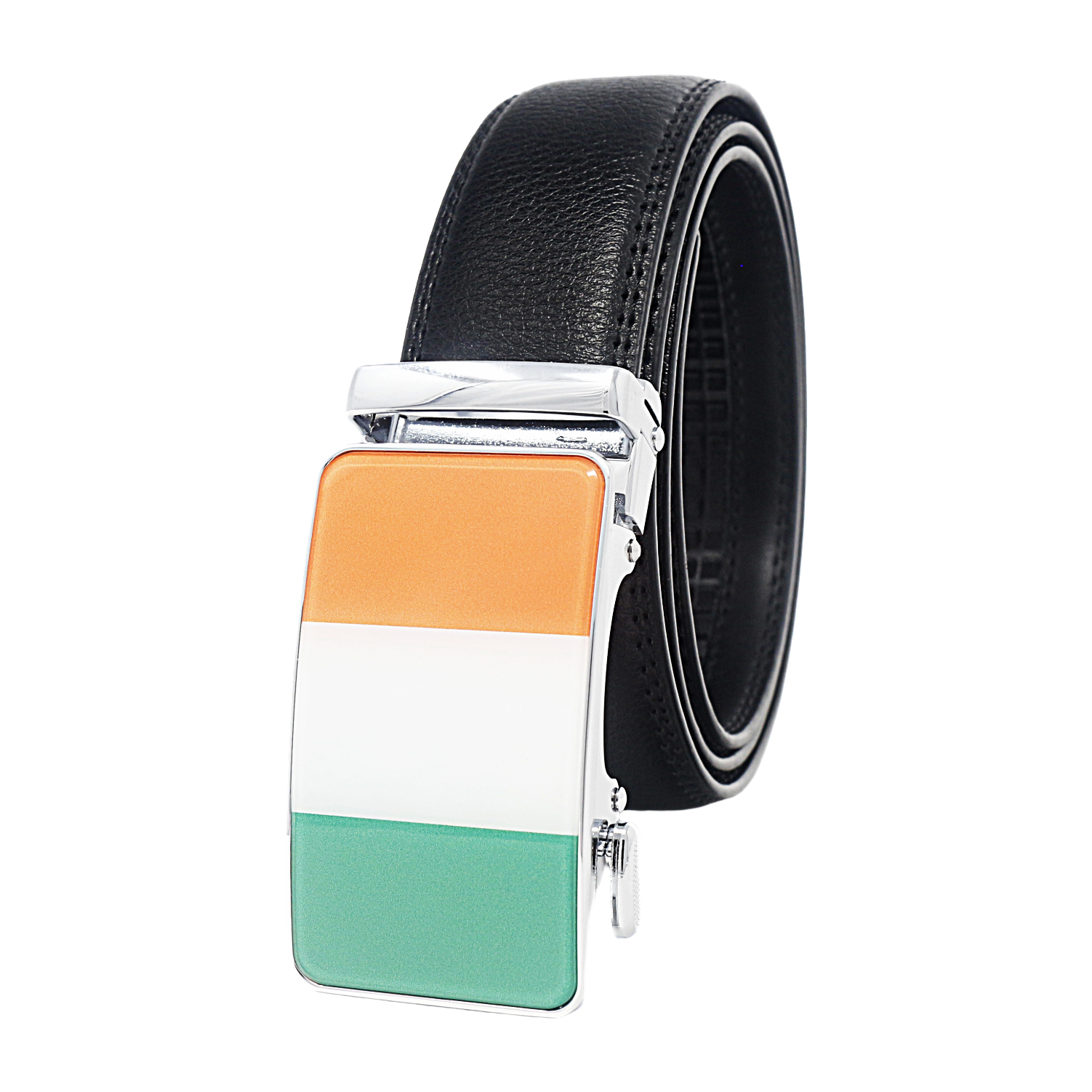 QHA Mens 35mm Ratchet Leather Belt, Irish Tricolour Flag Automatic Buckle Q72