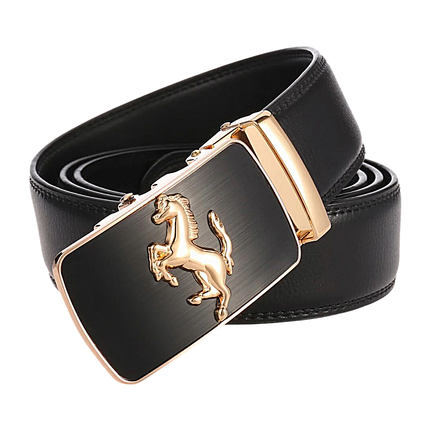 QHA Mens 35mm Ratchet Leather Belt, Prancing Horse Auto Buckle Q5083