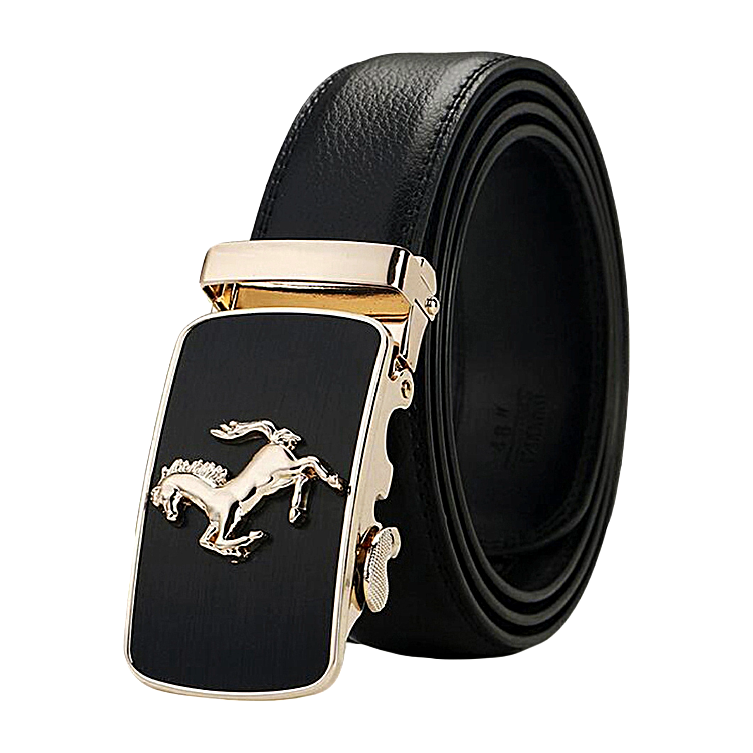 Mens Prancing Horse Ratchet Leather Belt Durable Automatic Sliding Buckle Q5083