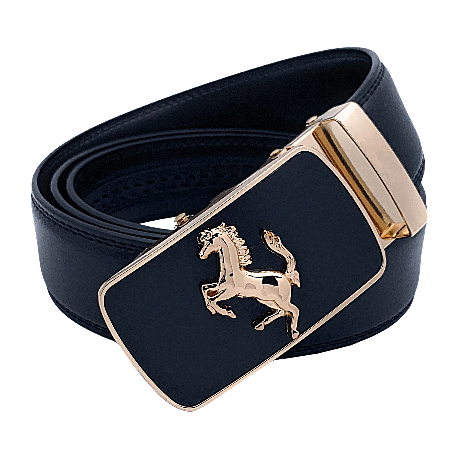 Mens Prancing Horse Ratchet Leather Belt Durable Automatic Sliding Buckle Q5083