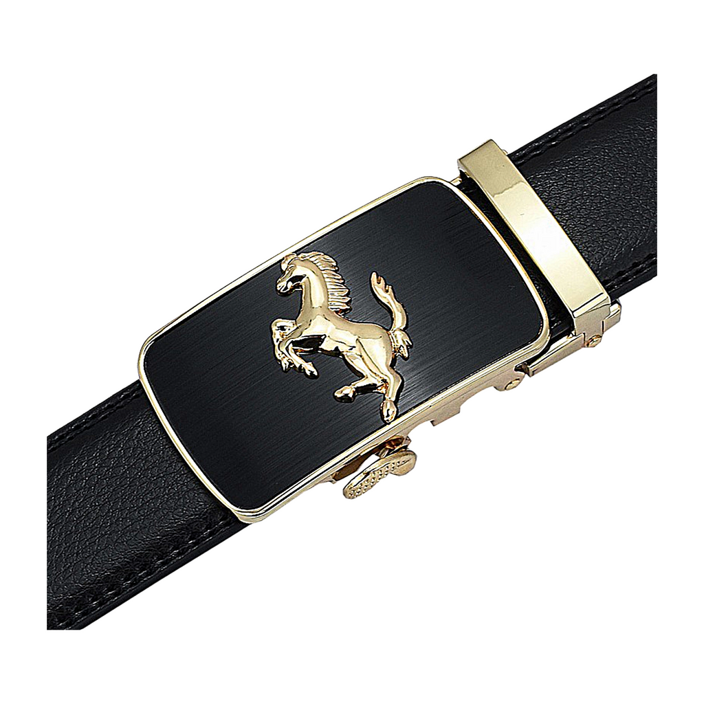 Mens Prancing Horse Ratchet Leather Belt Durable Automatic Sliding Buckle Q5083