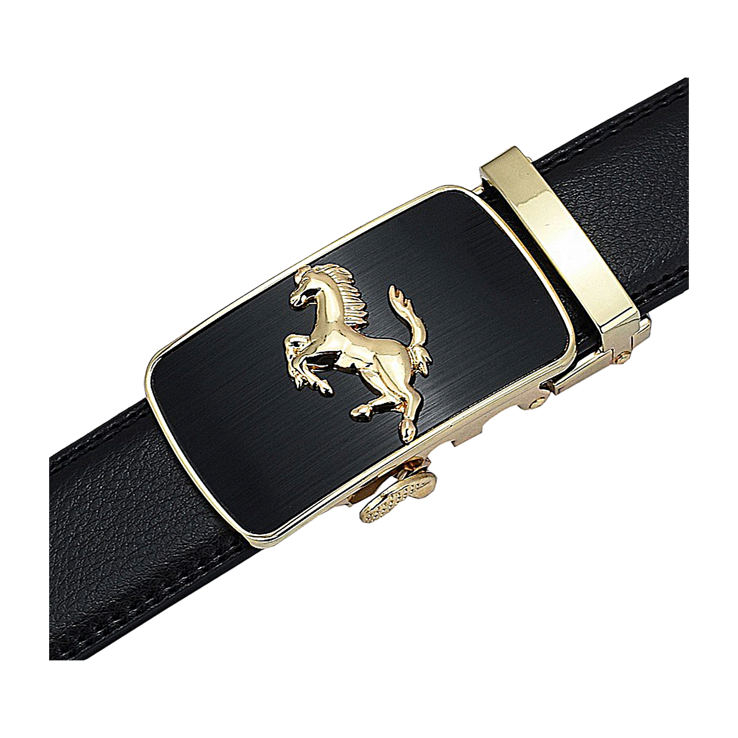 Mens Prancing Horse Ratchet Leather Belt Durable Automatic Sliding Buckle Q5083