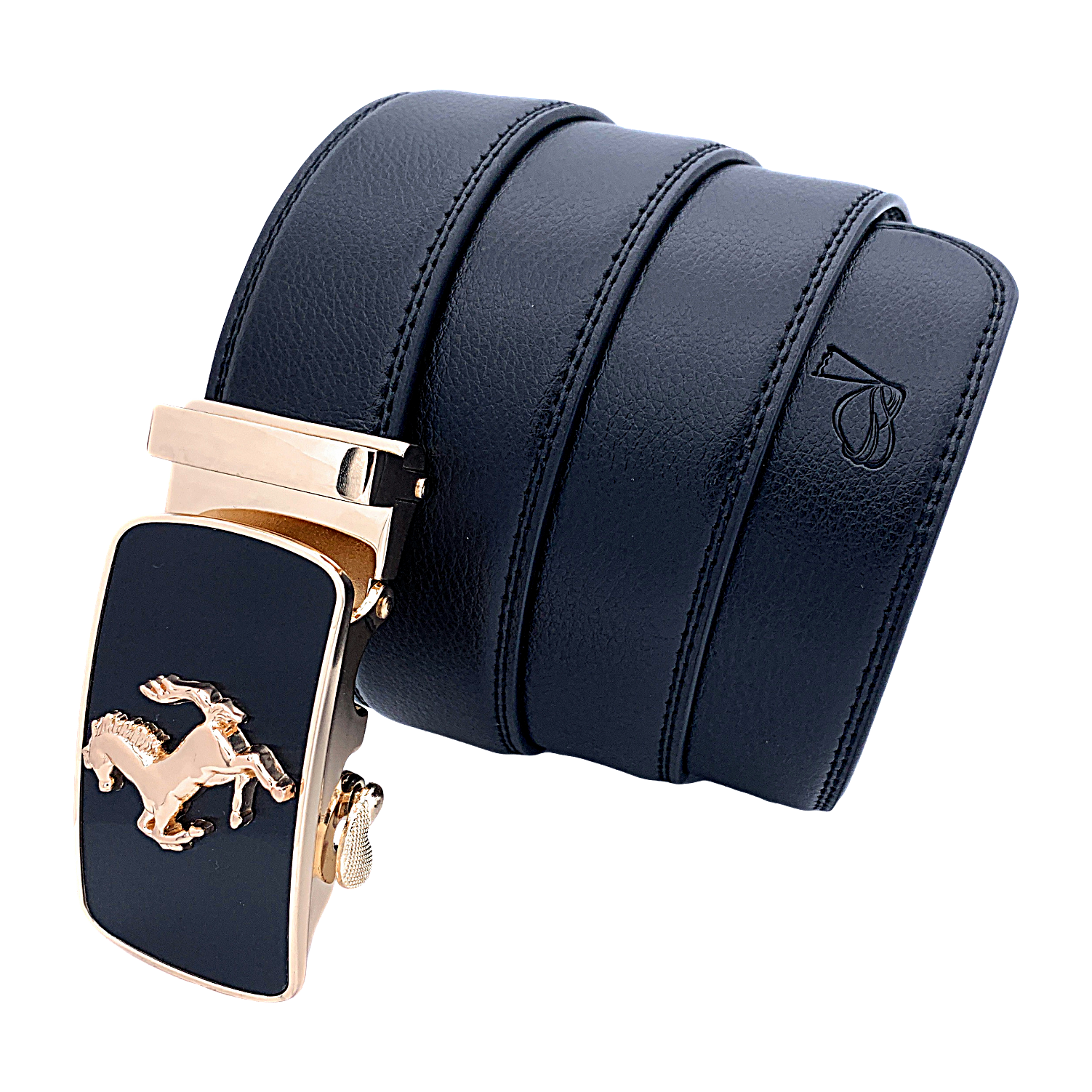 Mens Prancing Horse Ratchet Leather Belt Durable Automatic Sliding Buckle Q5083