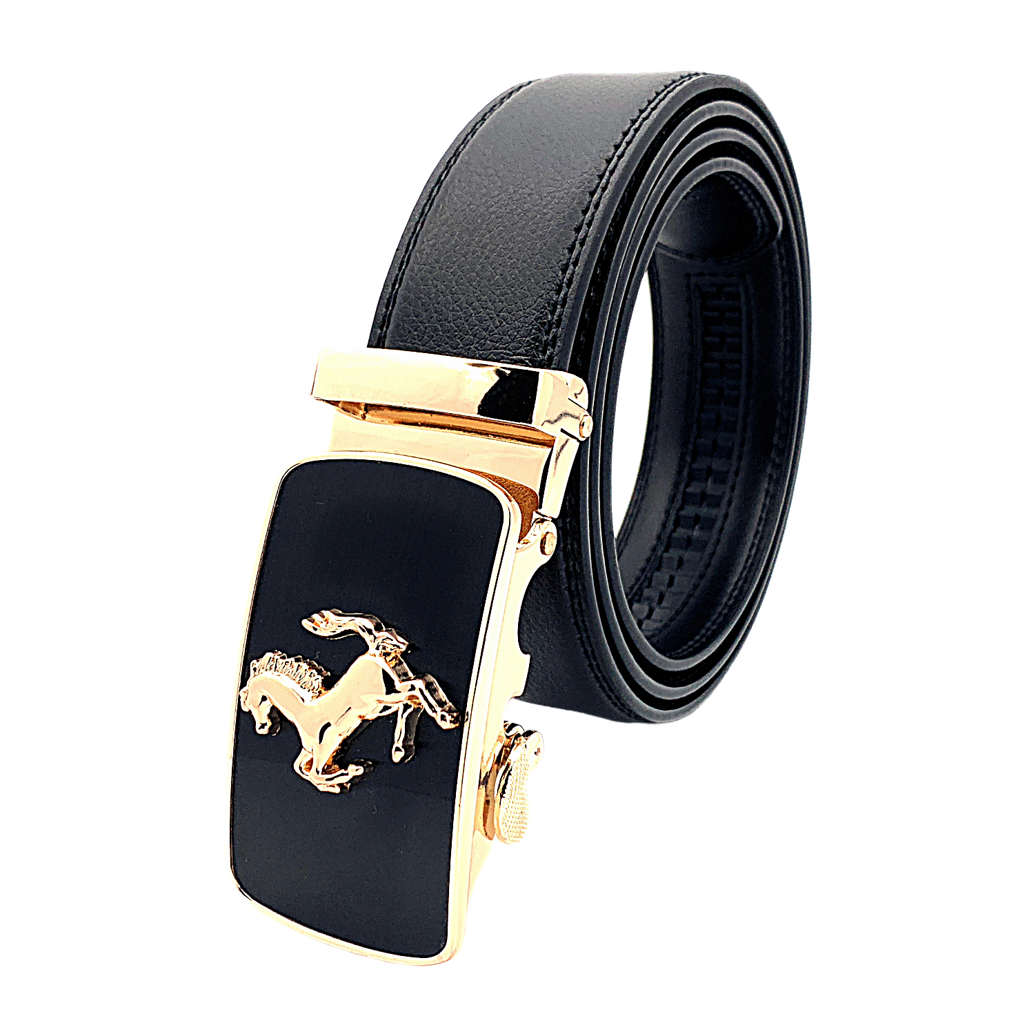 Mens Prancing Horse Ratchet Leather Belt Durable Automatic Sliding Buckle Q5083