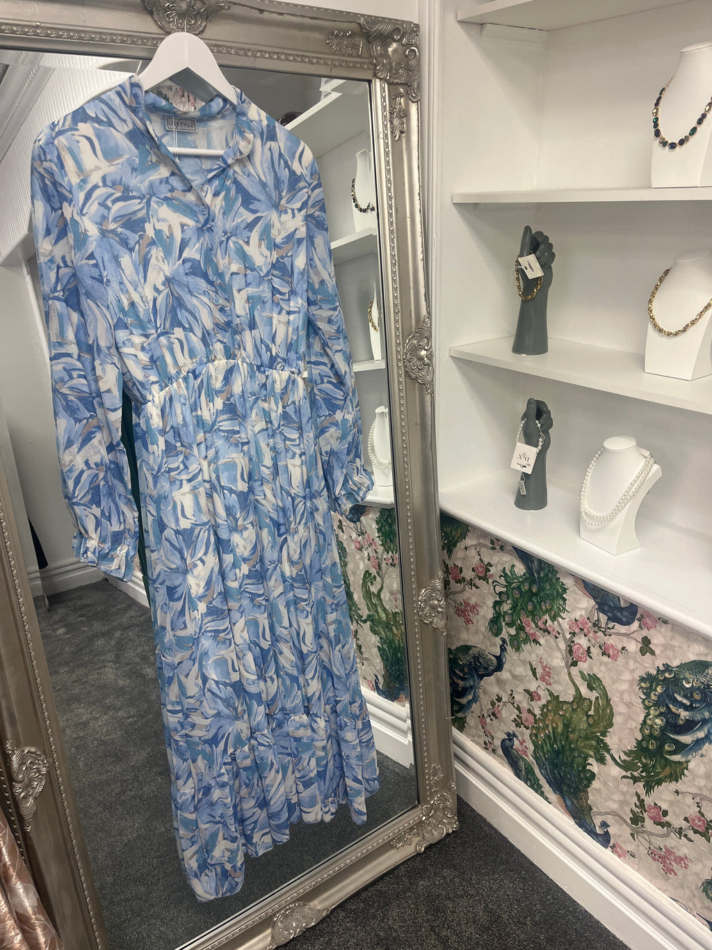 Blue Maxi Floral Long Sleeve Dress |One Size Dress 8–14