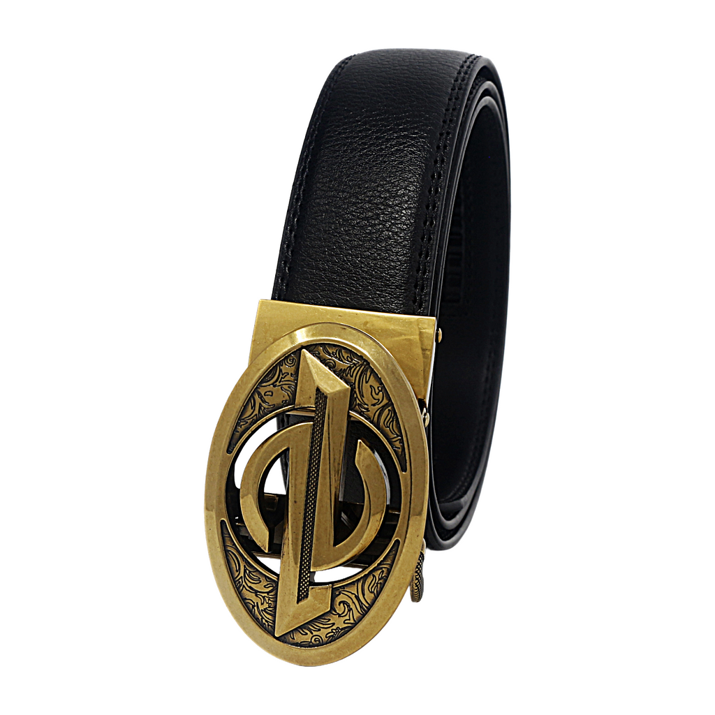 QHA Mens 35mm Ratchet Leather Belt, Oval Designer Logo Automatic Buckle Q28