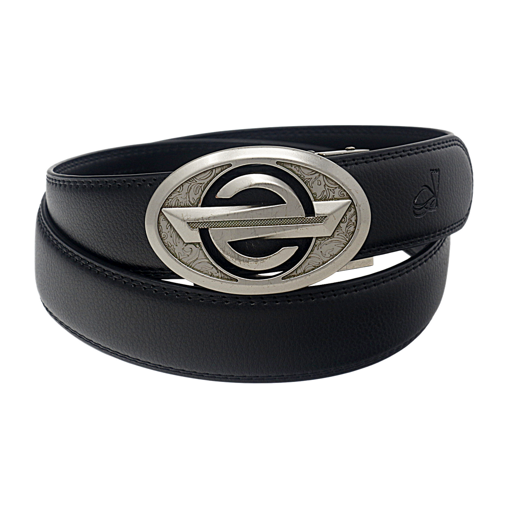 QHA Mens 35mm Ratchet Leather Belt, Oval Designer Logo Automatic Buckle Q28