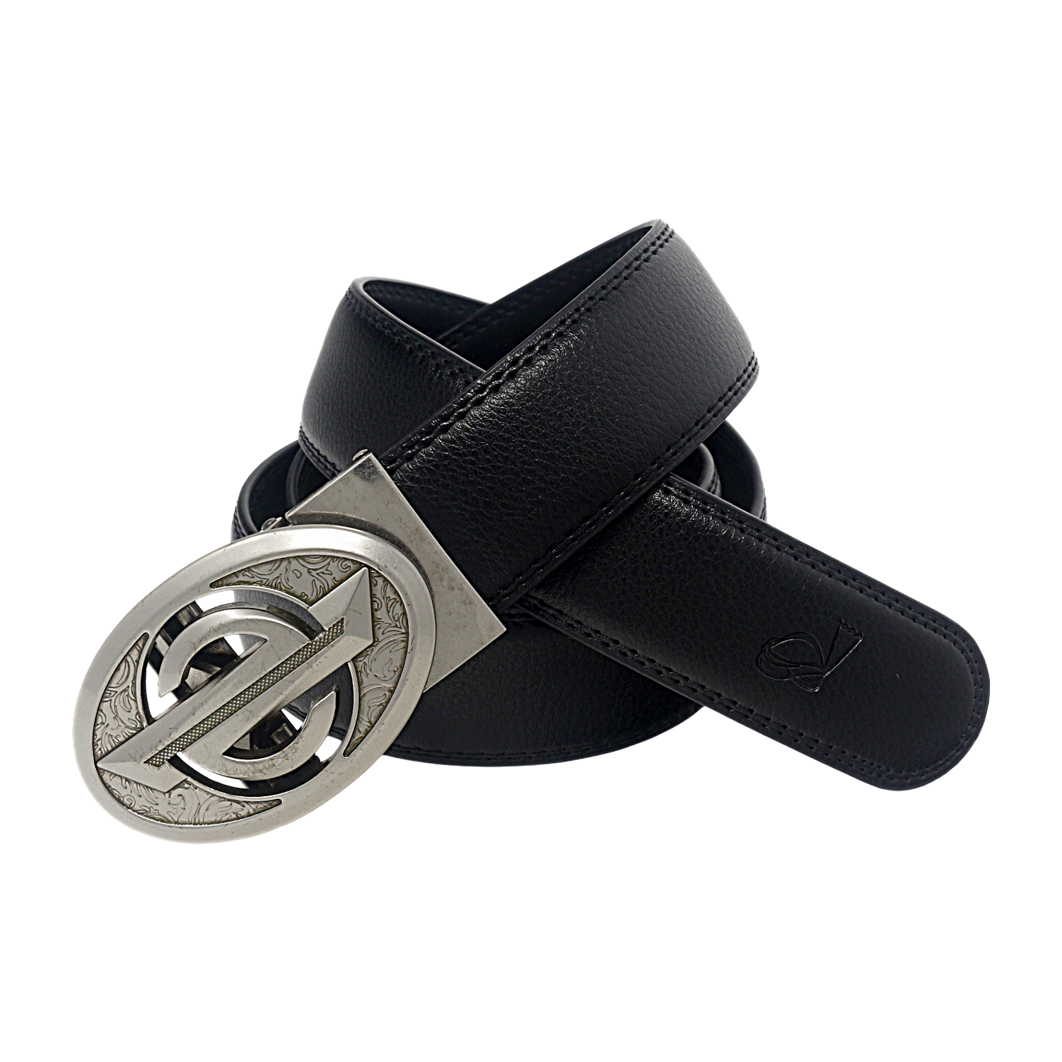 QHA Mens 35mm Ratchet Leather Belt, Oval Designer Logo Automatic Buckle Q28