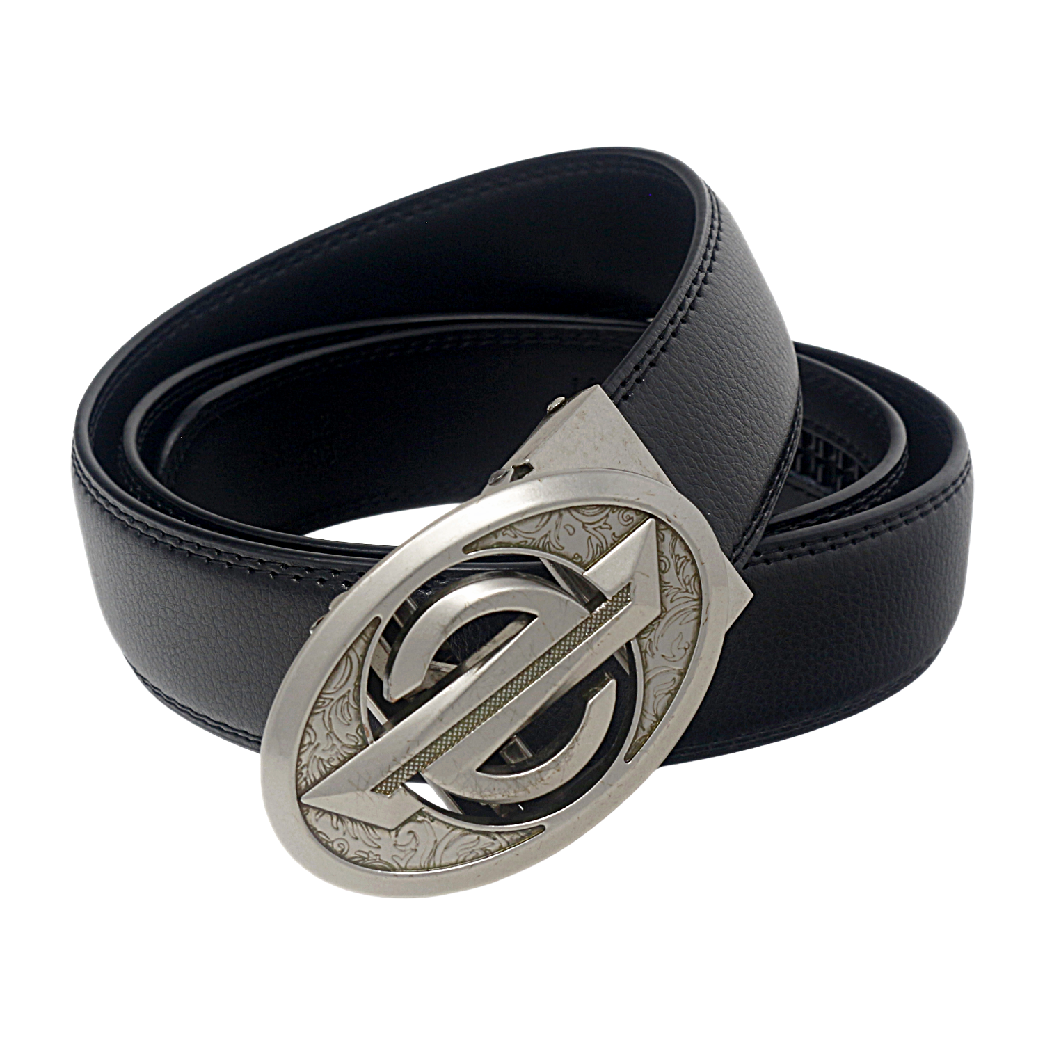 QHA Mens 35mm Ratchet Leather Belt, Oval Designer Logo Automatic Buckle Q28