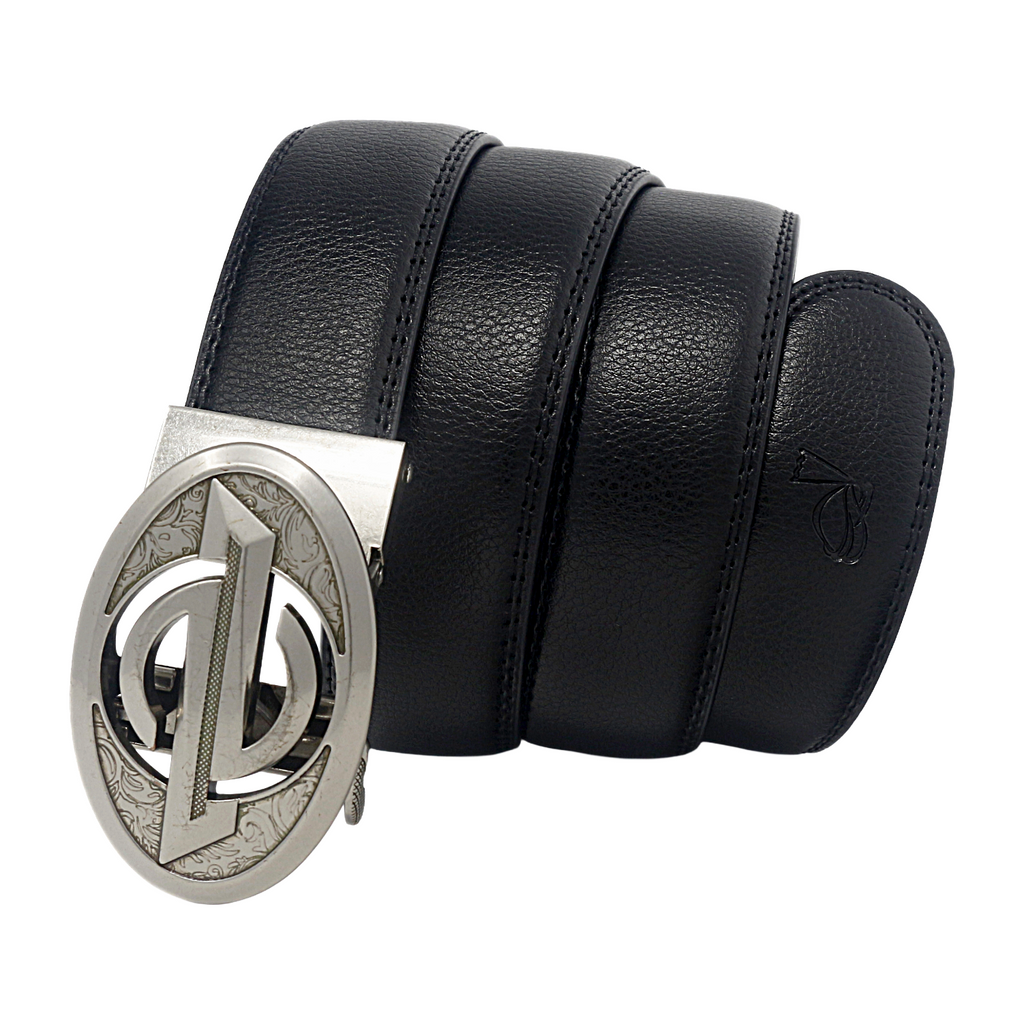 QHA Mens 35mm Ratchet Leather Belt, Oval Designer Logo Automatic Buckle Q28