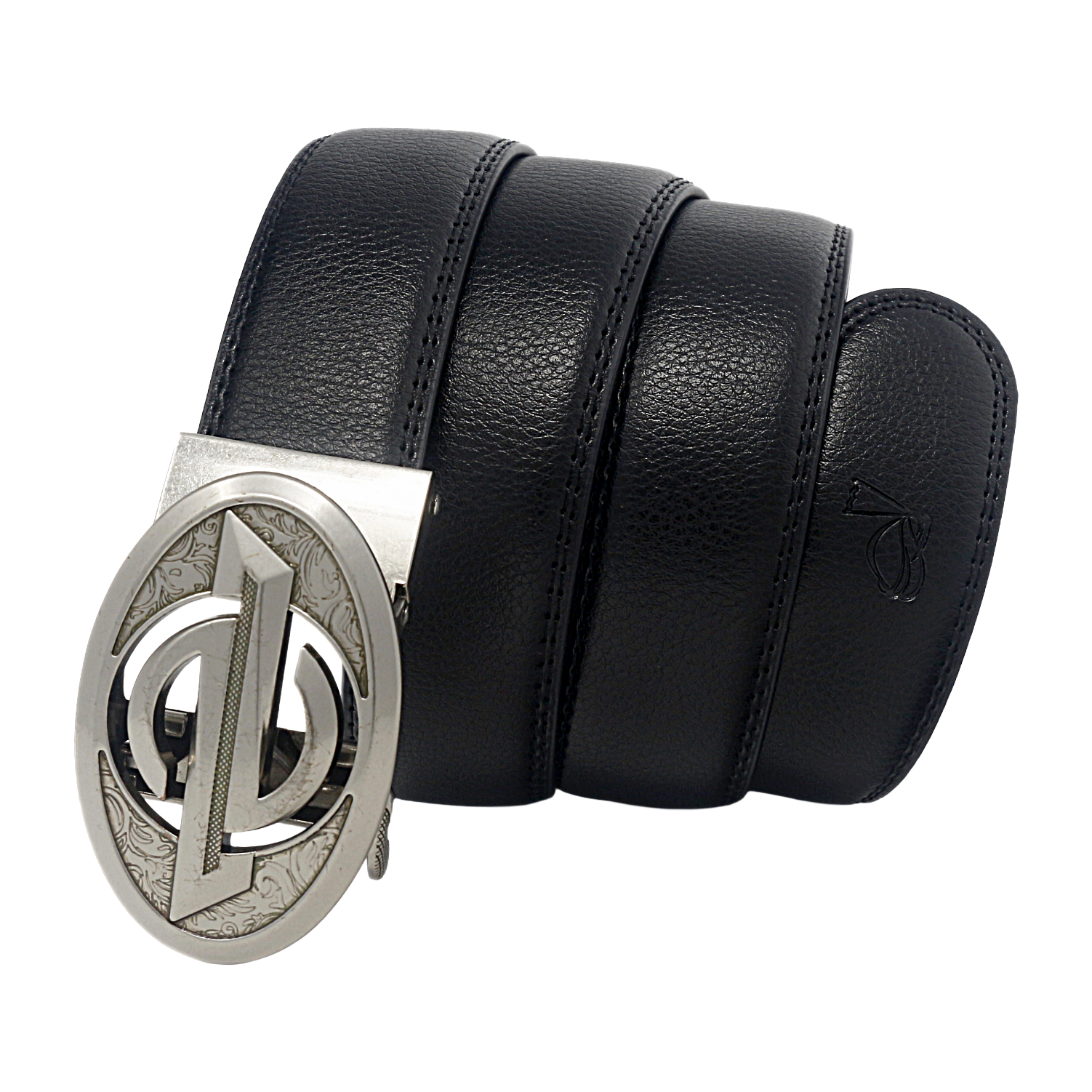 QHA Mens 35mm Ratchet Leather Belt, Oval Designer Logo Automatic Buckle Q28