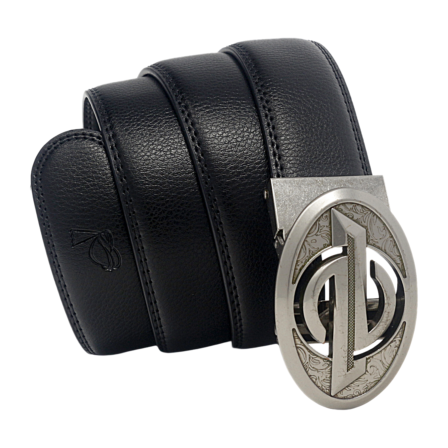 QHA Mens 35mm Ratchet Leather Belt, Oval Designer Logo Automatic Buckle Q28