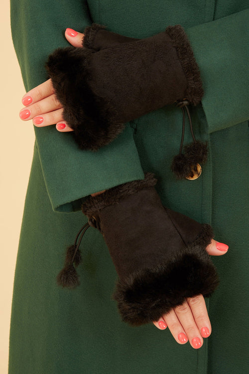 Black Fur Fingerless Suede Mittens - QHA UK