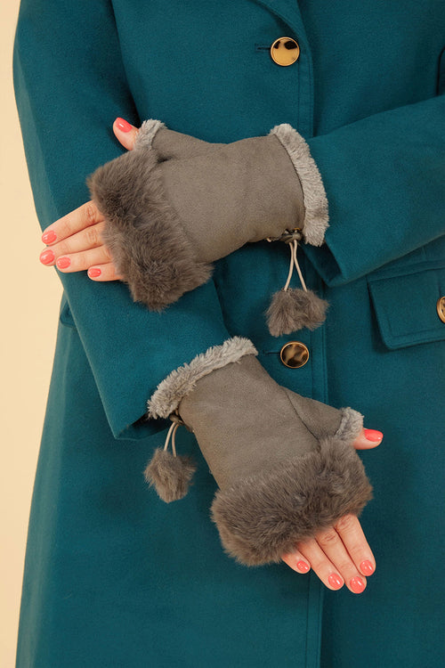 Grey Fur Fingerless Suede Mittens - QHA UK