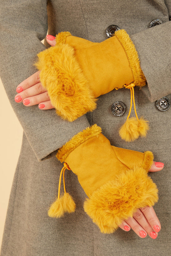 Mustard Fur Fingerless Suede Mittens - QHA UK