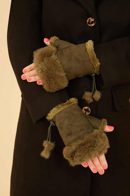 Green Fur Fingerless Suede Mittens - QHA UK