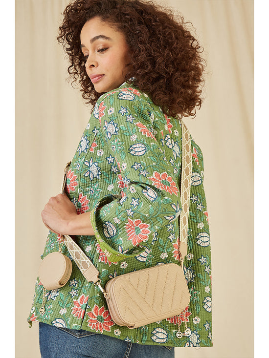 Yumi Beige Quilted Camera Bag With Cross Body Woven Strap - QHA UK