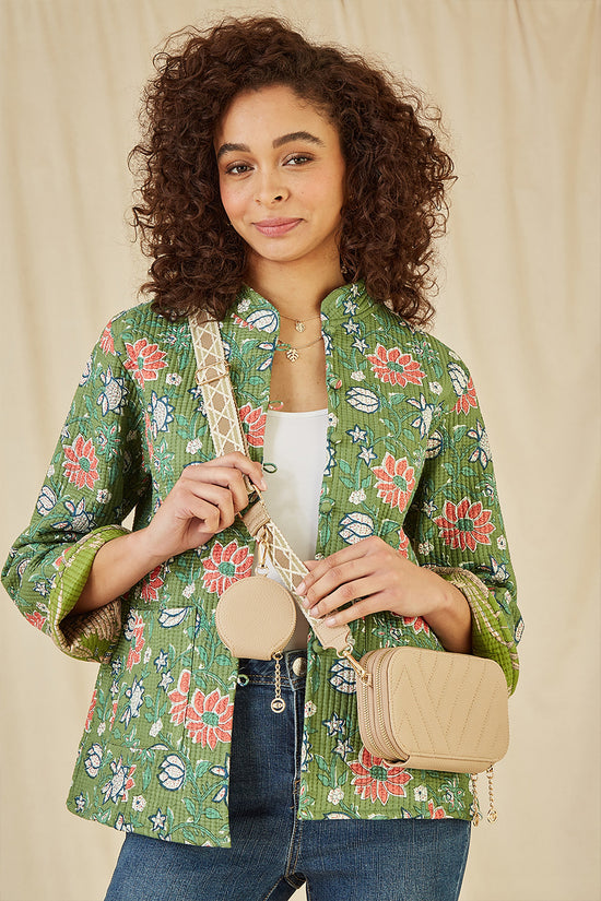 Yumi Beige Quilted Camera Bag With Cross Body Woven Strap - QHA UK