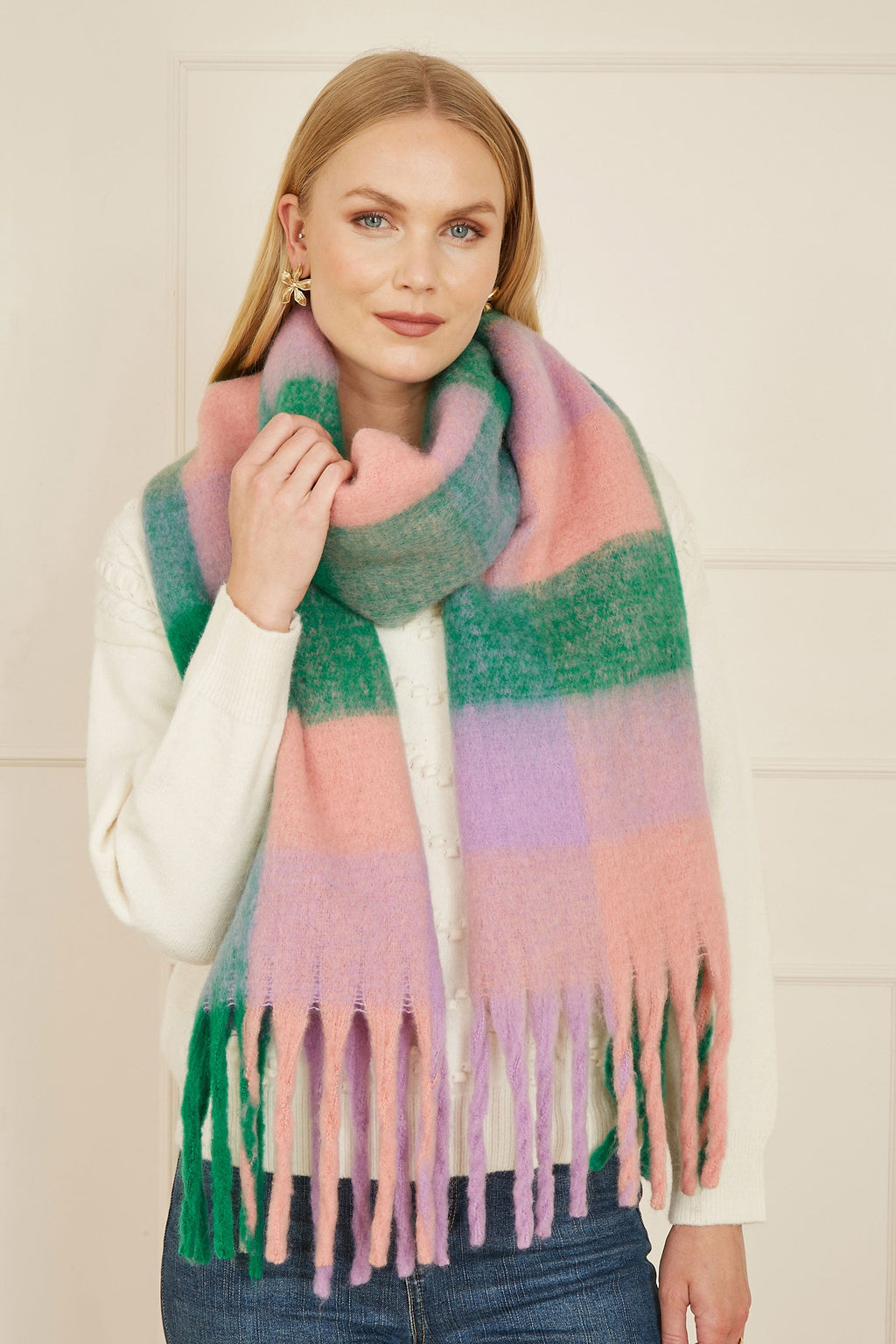 Yumi Purple And Green Check Fluffy Scarf