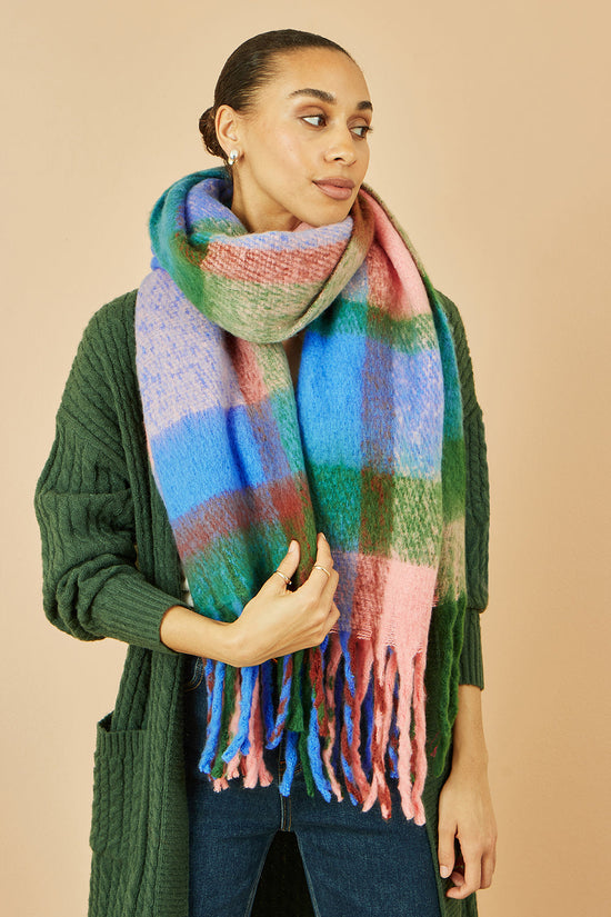 Yumi Blue And Pink Check Soft Scarf - QHA UK