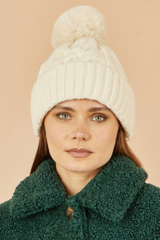 Yumi White Cable Knit Bobble Hat - QHA UK