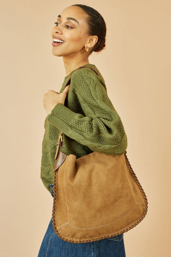 Yumi Tan Faux Suede Stitching Detail Bag - QHA UK