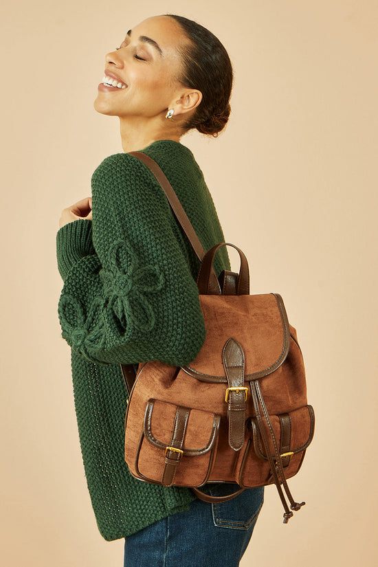Yumi Tan Faux Suede Pocket Rucksack - QHA UK