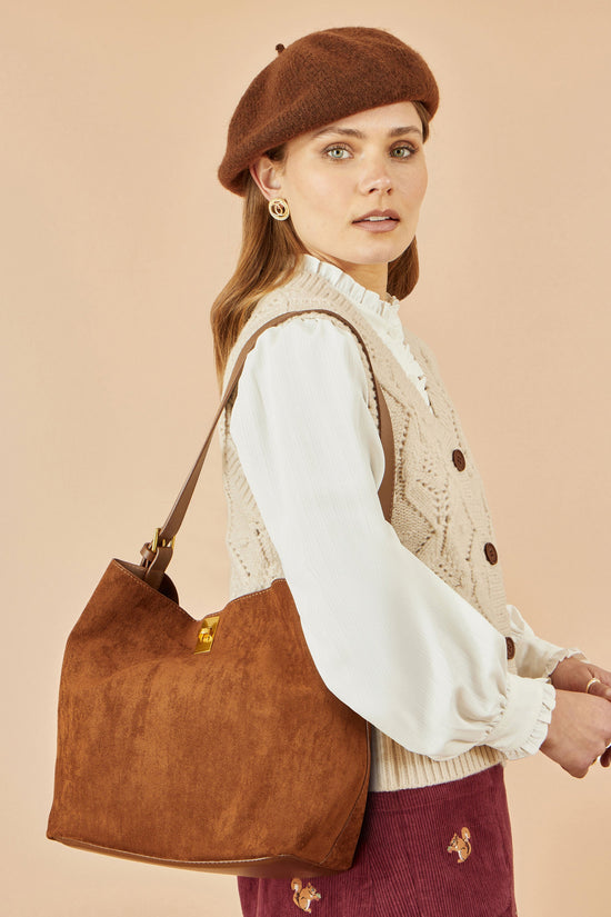 Yumi Tan Faux Suede Bag With Inside Pouch - QHA UK