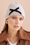 Yumi Oatmeal Bow Knitted Beanie Hat - QHA UK