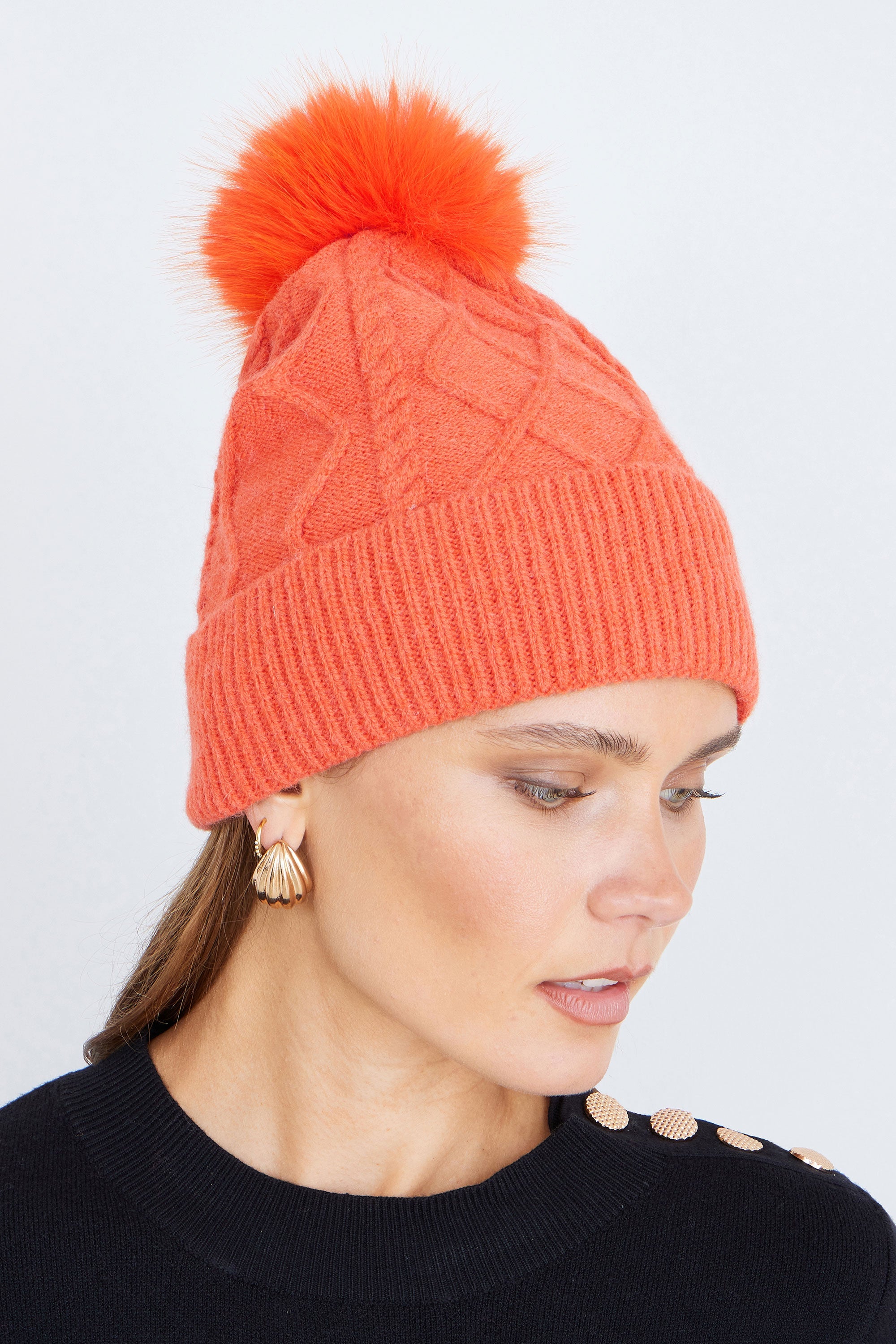 Yumi Orange Cable Knit Bobble Hat