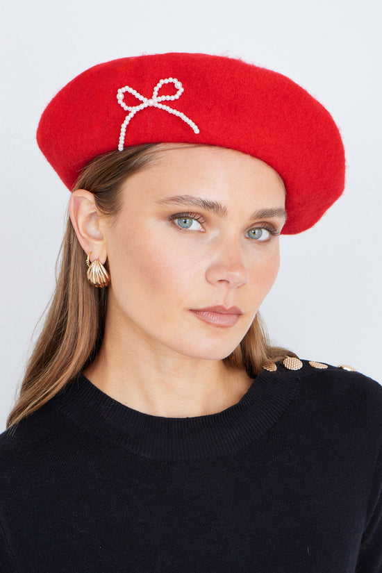 Yumi Red Pearl Bow Beret - QHA UK