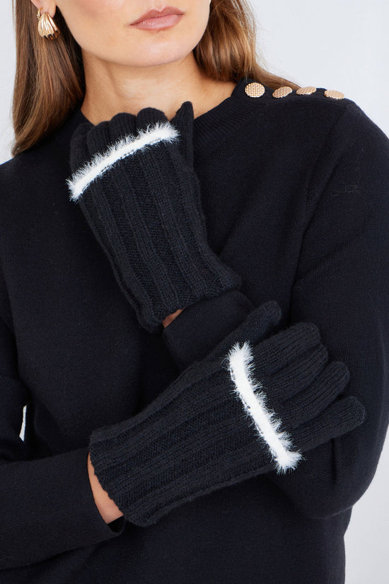 Yumi Black Gloves With Eyelash Knit Trim - QHA UK