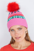 Yumi Pink Festive Fairisle Hat With Fur Pom Pom - QHA UK