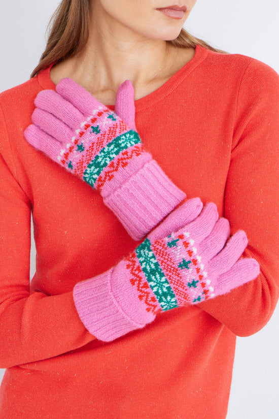 Yumi Pink Festive Fairisle Knitted Gloves - QHA UK
