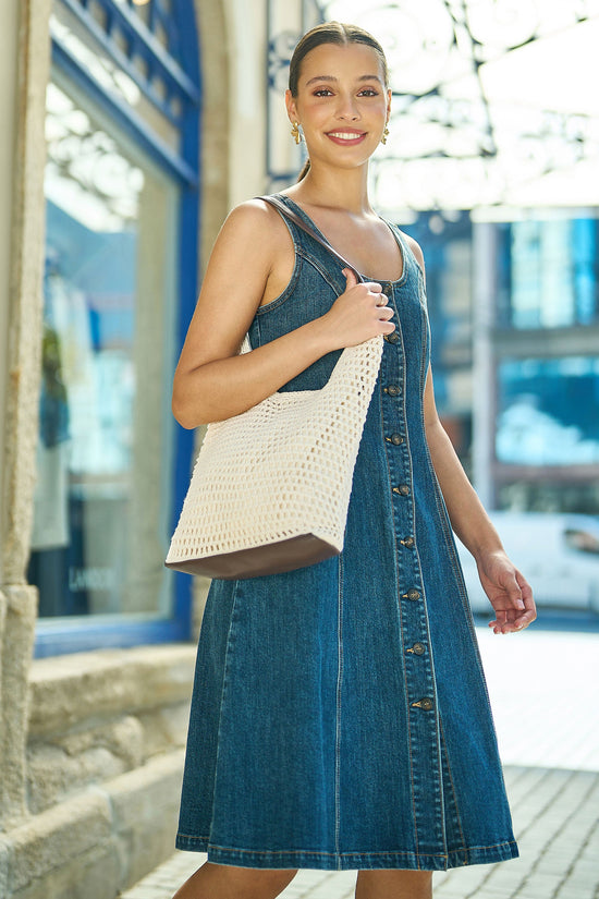 Yumi Ivory Crochet Shoulder Bag With Faux Leather Straps - QHA UK