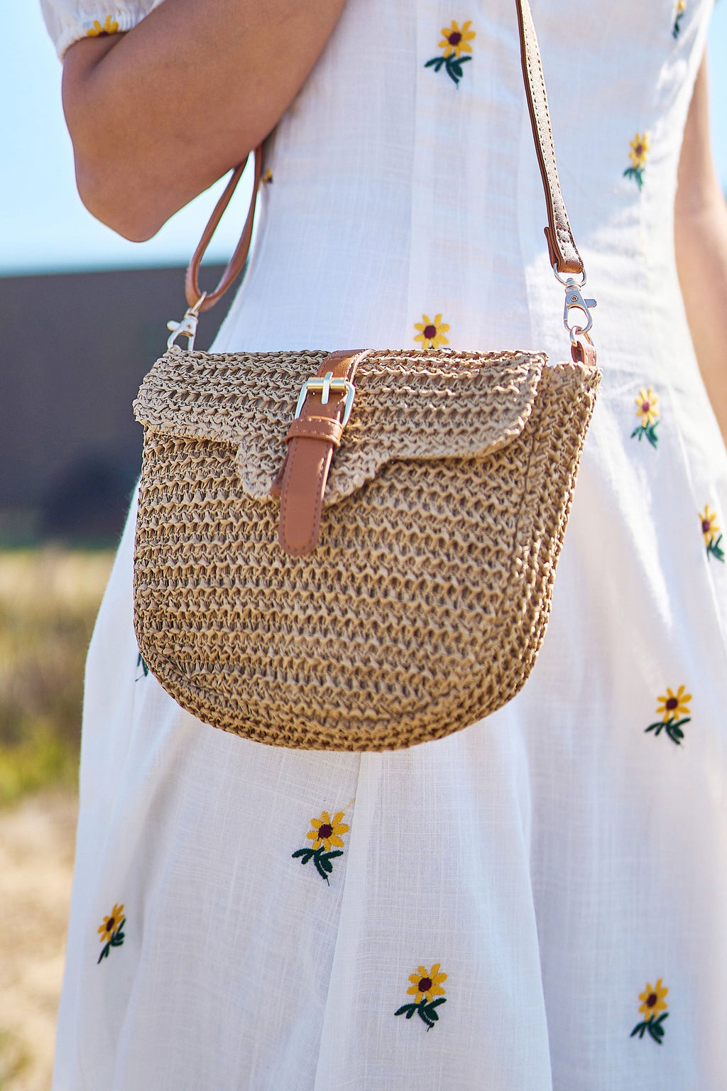 Yumi Brown Woven Rattan Handbag With Buckle - QHA UK