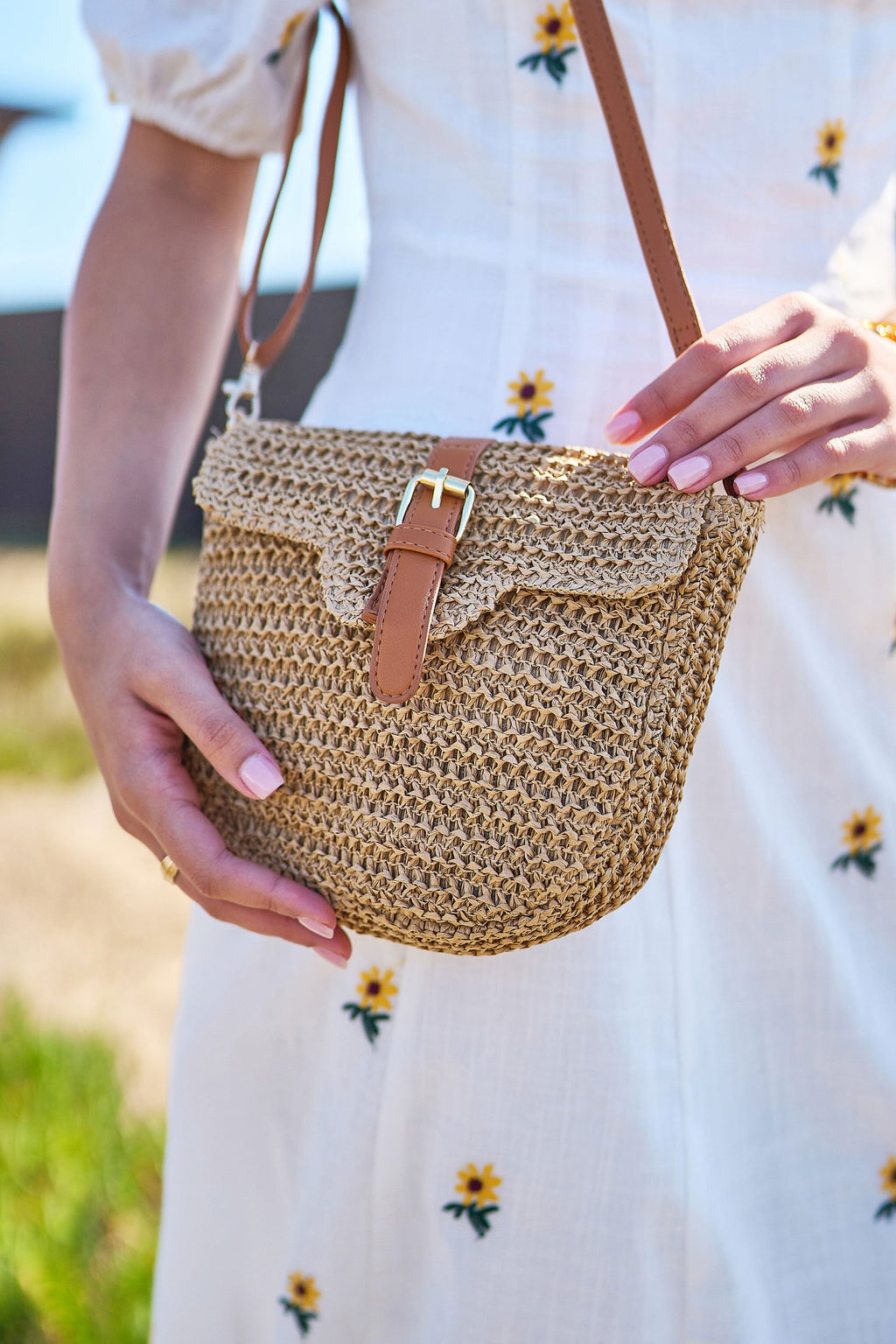 Yumi Brown Woven Rattan Handbag With Buckle - QHA UK