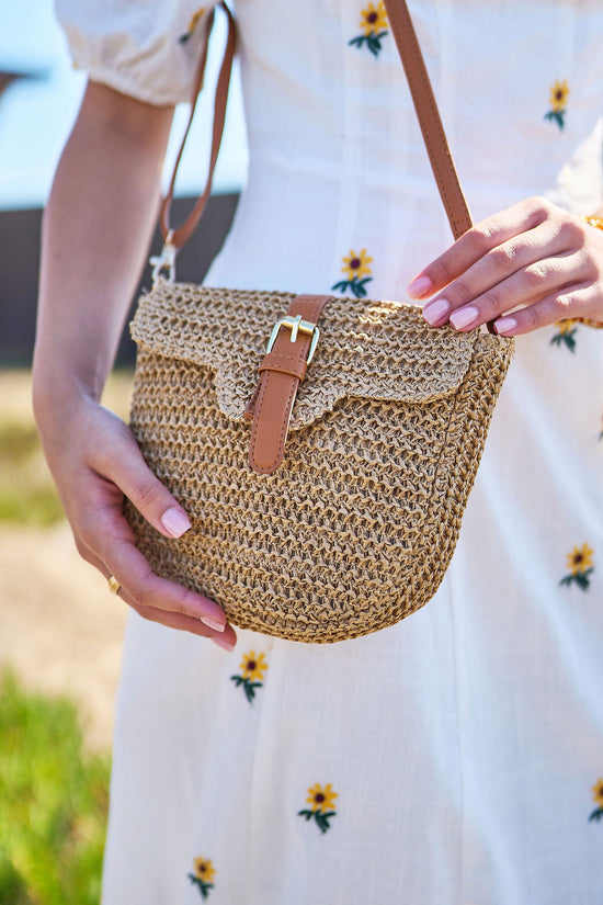 Yumi Brown Woven Rattan Handbag With Buckle - QHA UK