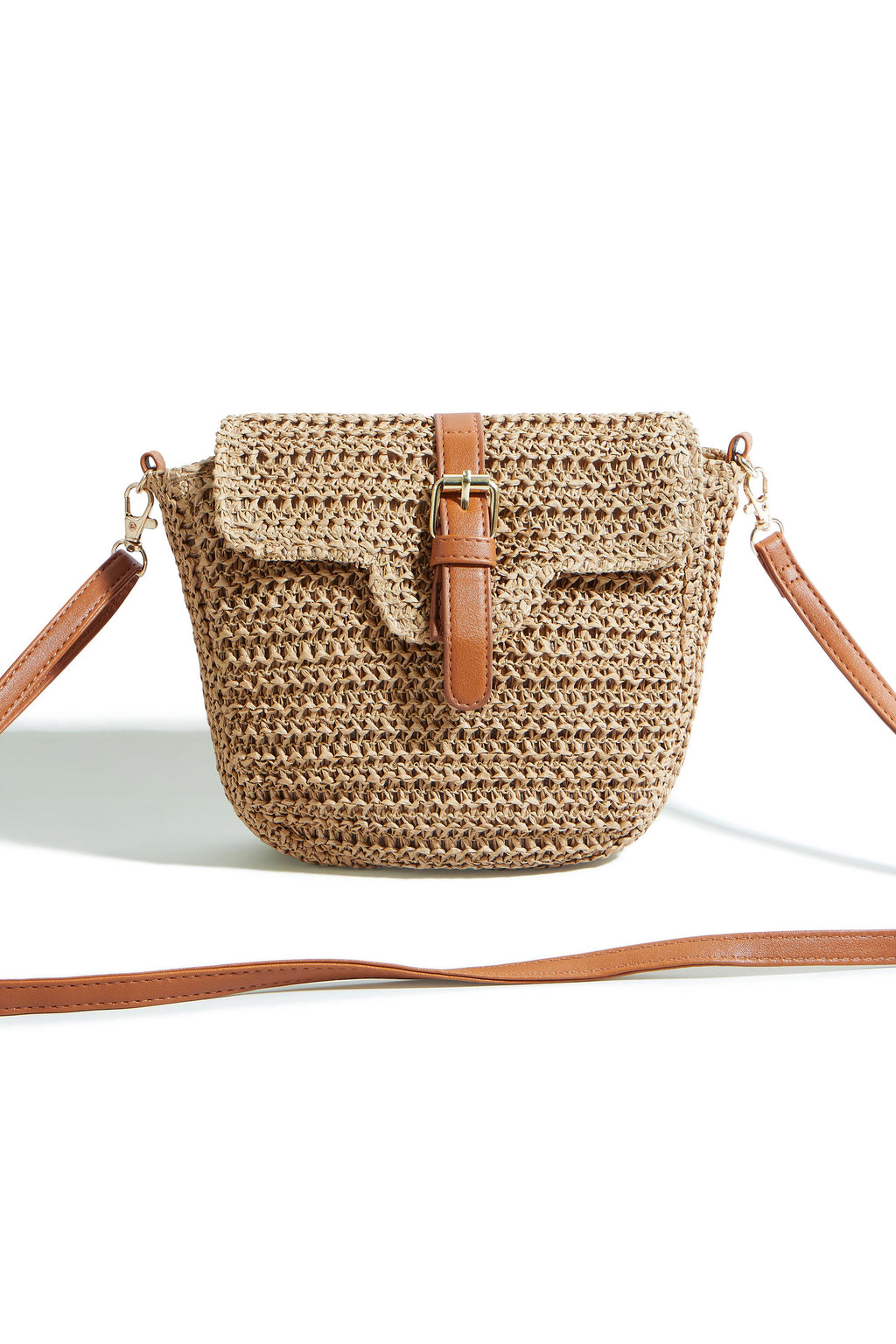 Yumi Brown Woven Rattan Handbag With Buckle - QHA UK