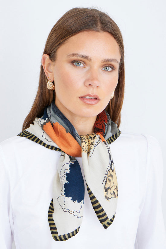 Yumi Blue Viscose Placement Floral Scarf - QHA UK