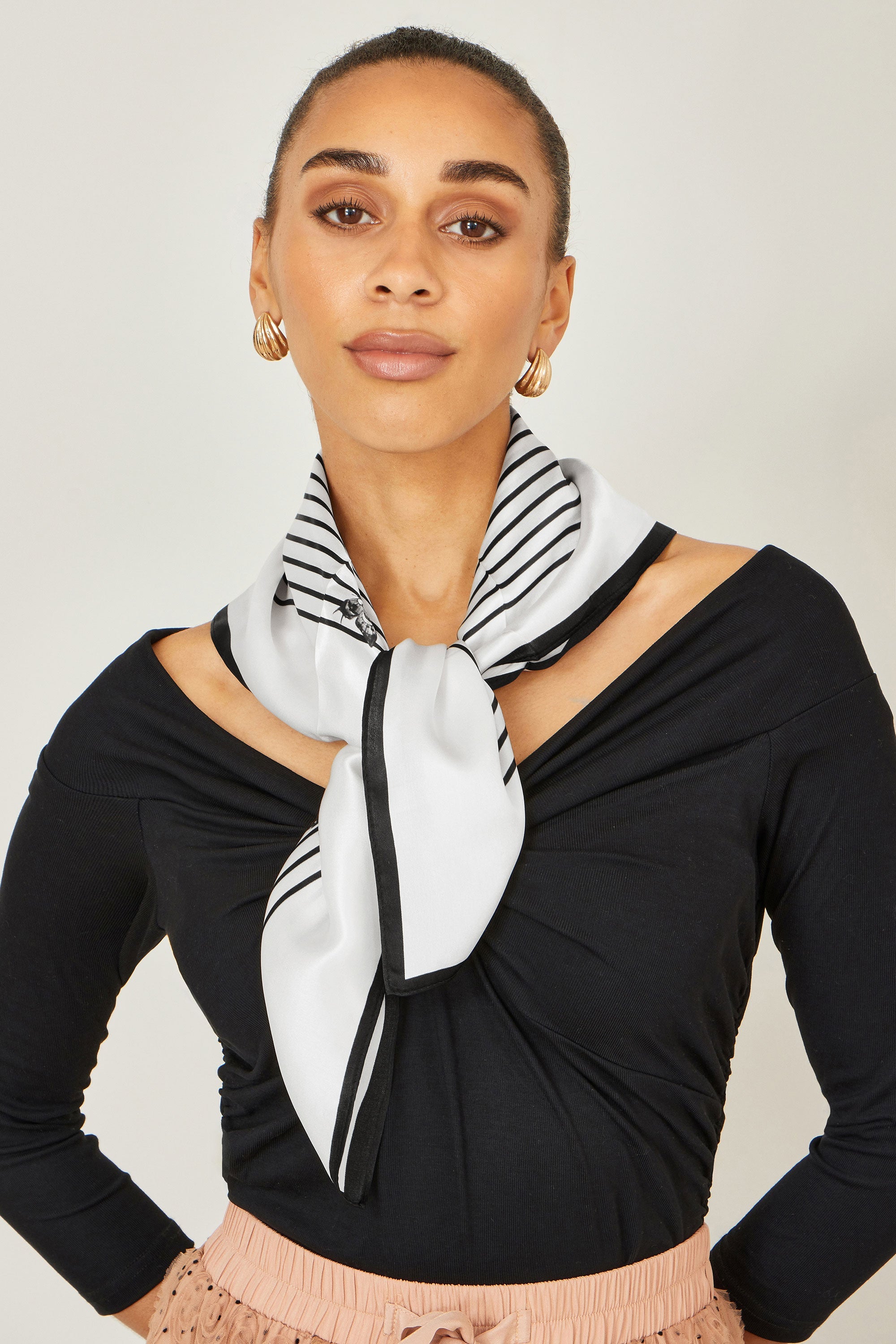 Yumi Ivory 100% Silk Butterfly Stripe Scarf