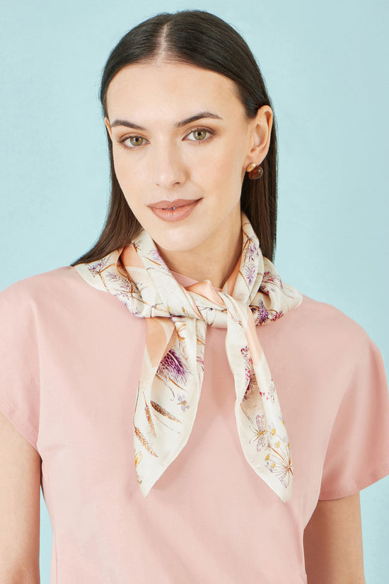 Yumi Ivory 100% Silk Delicate Floral Print Scarf - QHA UK