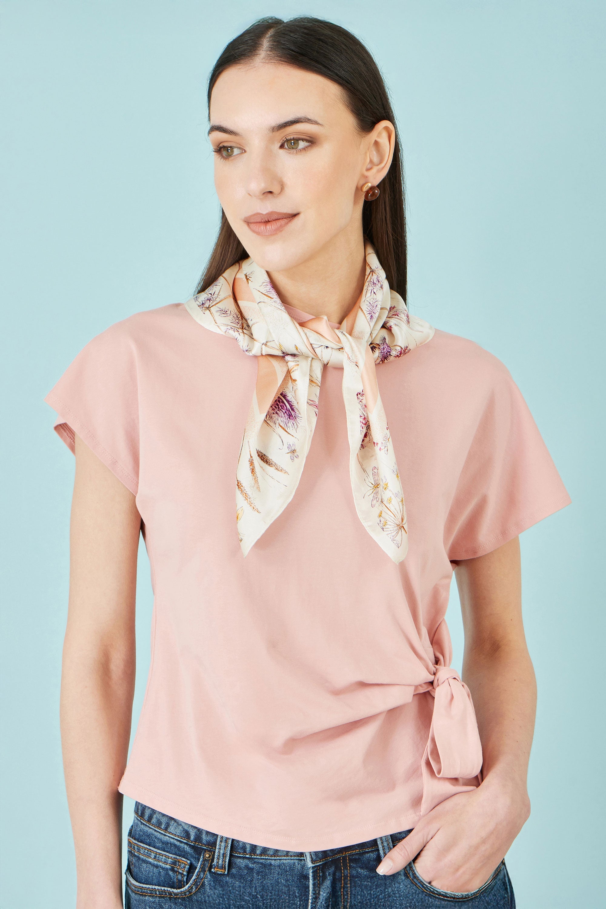 Yumi Ivory 100% Silk Delicate Floral Print Scarf