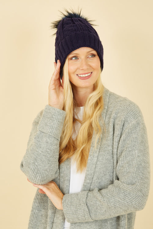 Cable Knit Hat With Pom Pom - QHA UK