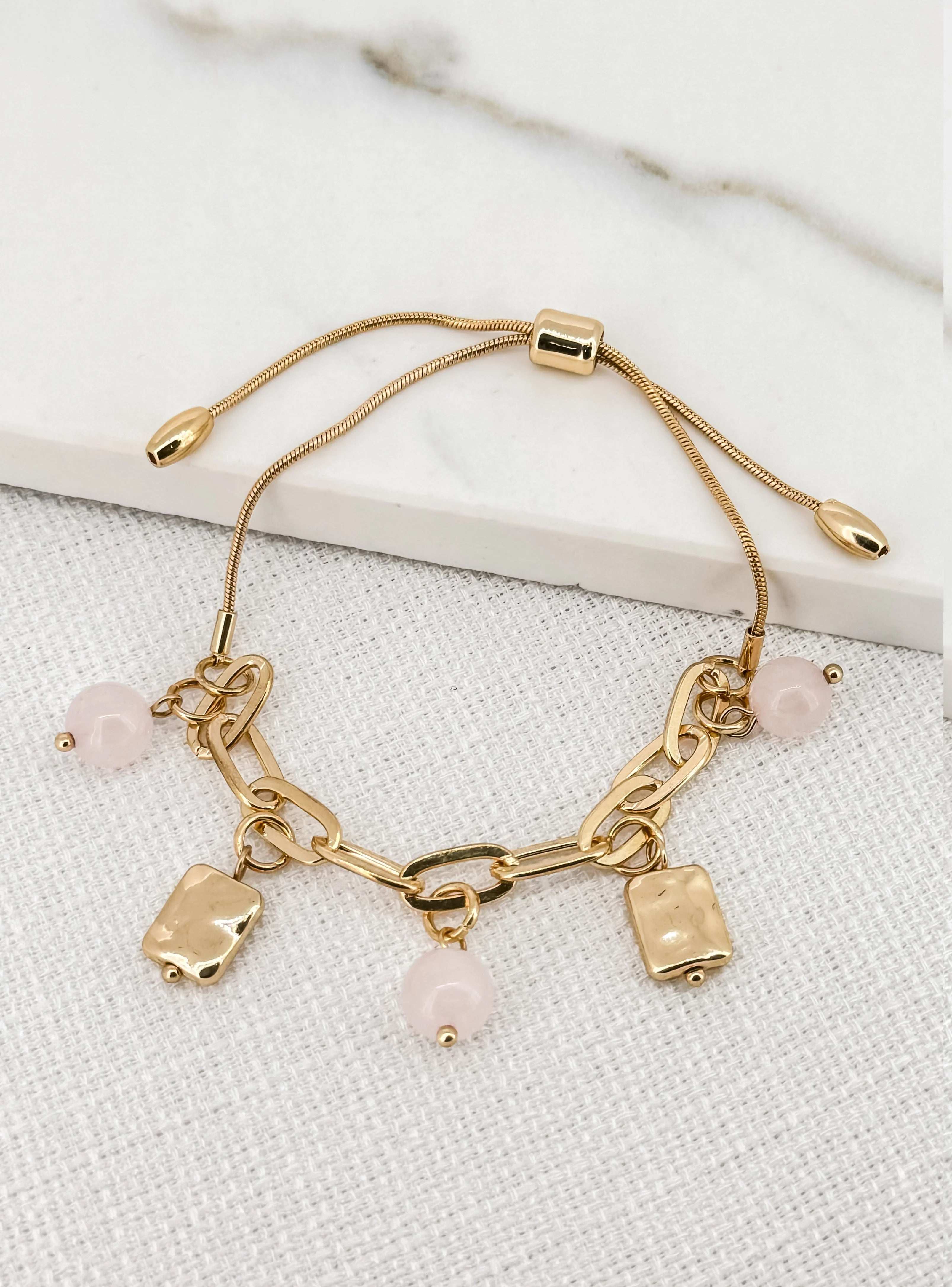 Adjustable Gold Charm Bracelet with Faceted Glass Beads