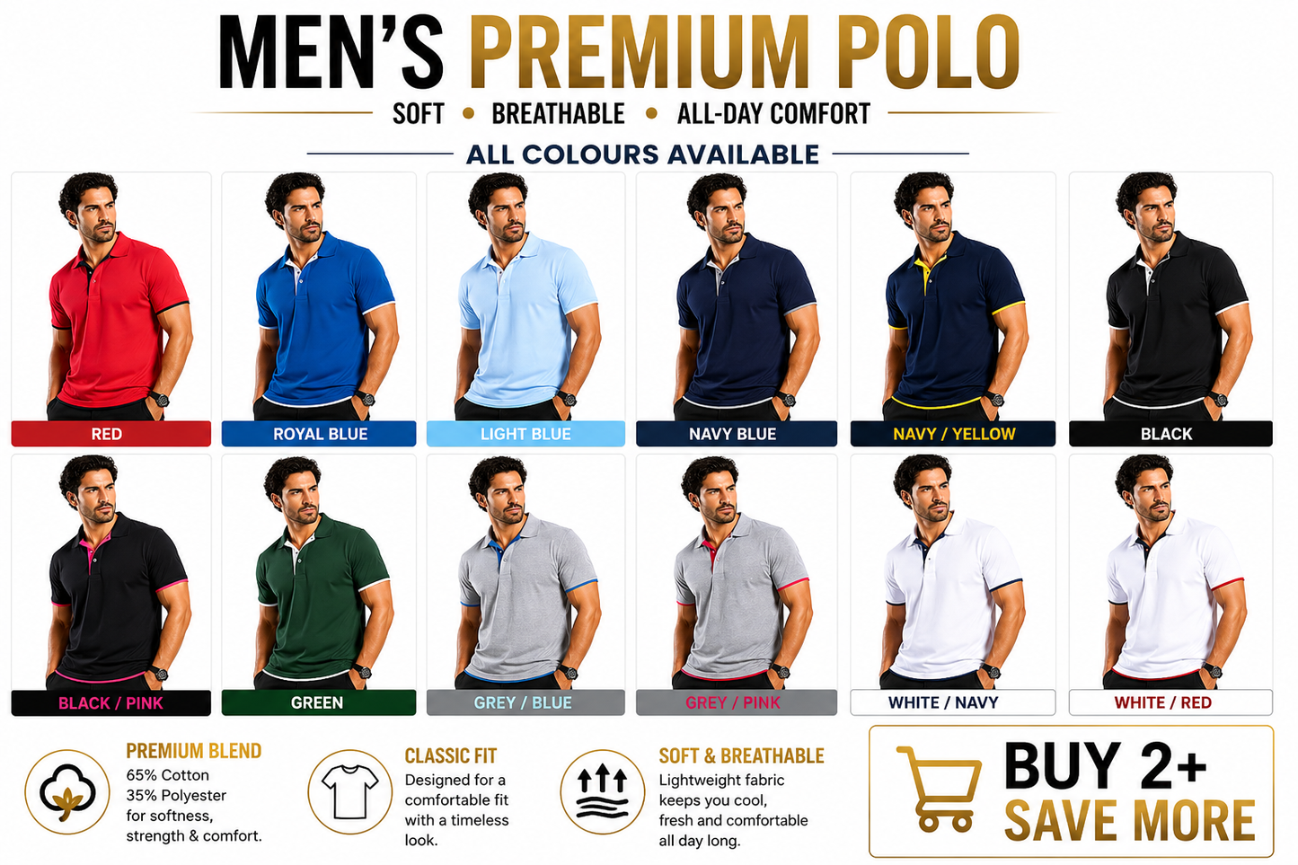 Display of men's polo shirts in various Colours with a promotional message.