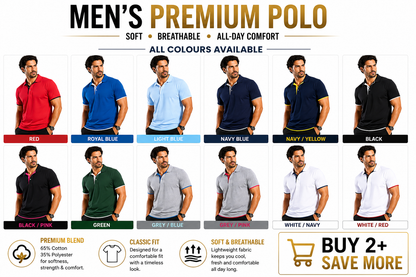 Display of men's polo shirts in various Colours with a promotional message.