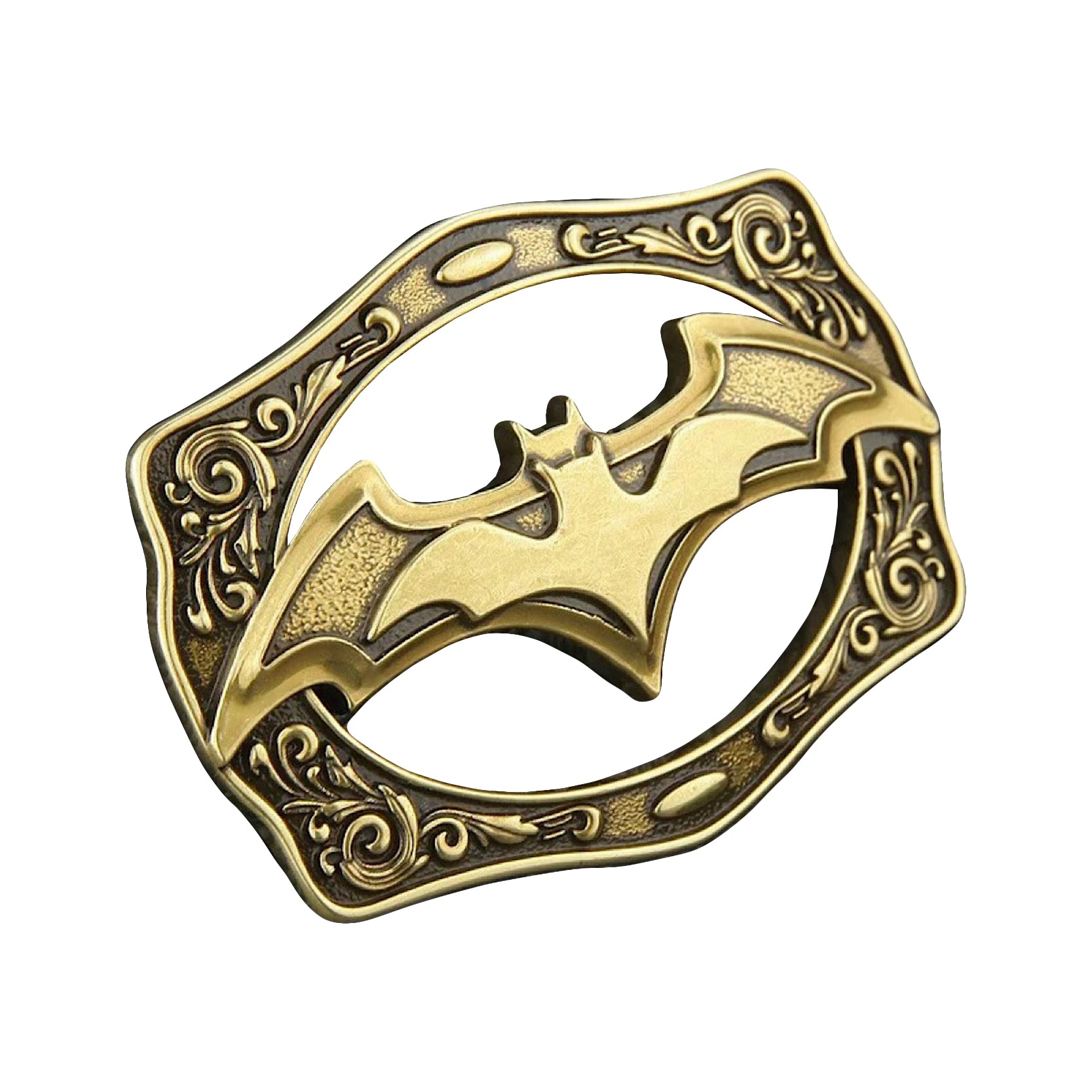 QHA Antique Brass Bat Symbol Belt Buckle with Ornate Scroll Frame Fits 38mm B03