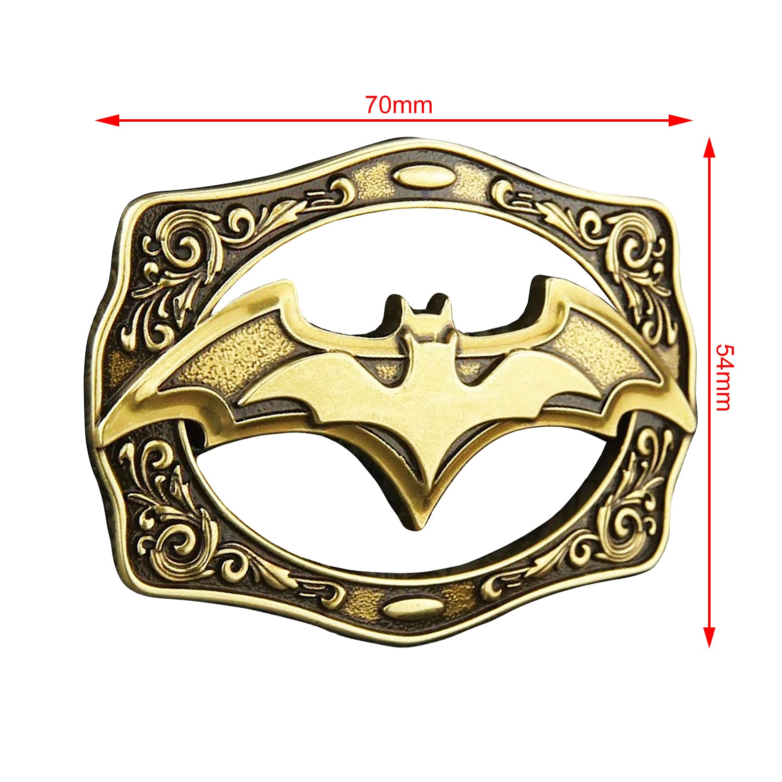 QHA Antique Brass Bat Symbol Belt Buckle with Ornate Scroll Frame Fits 38mm B03