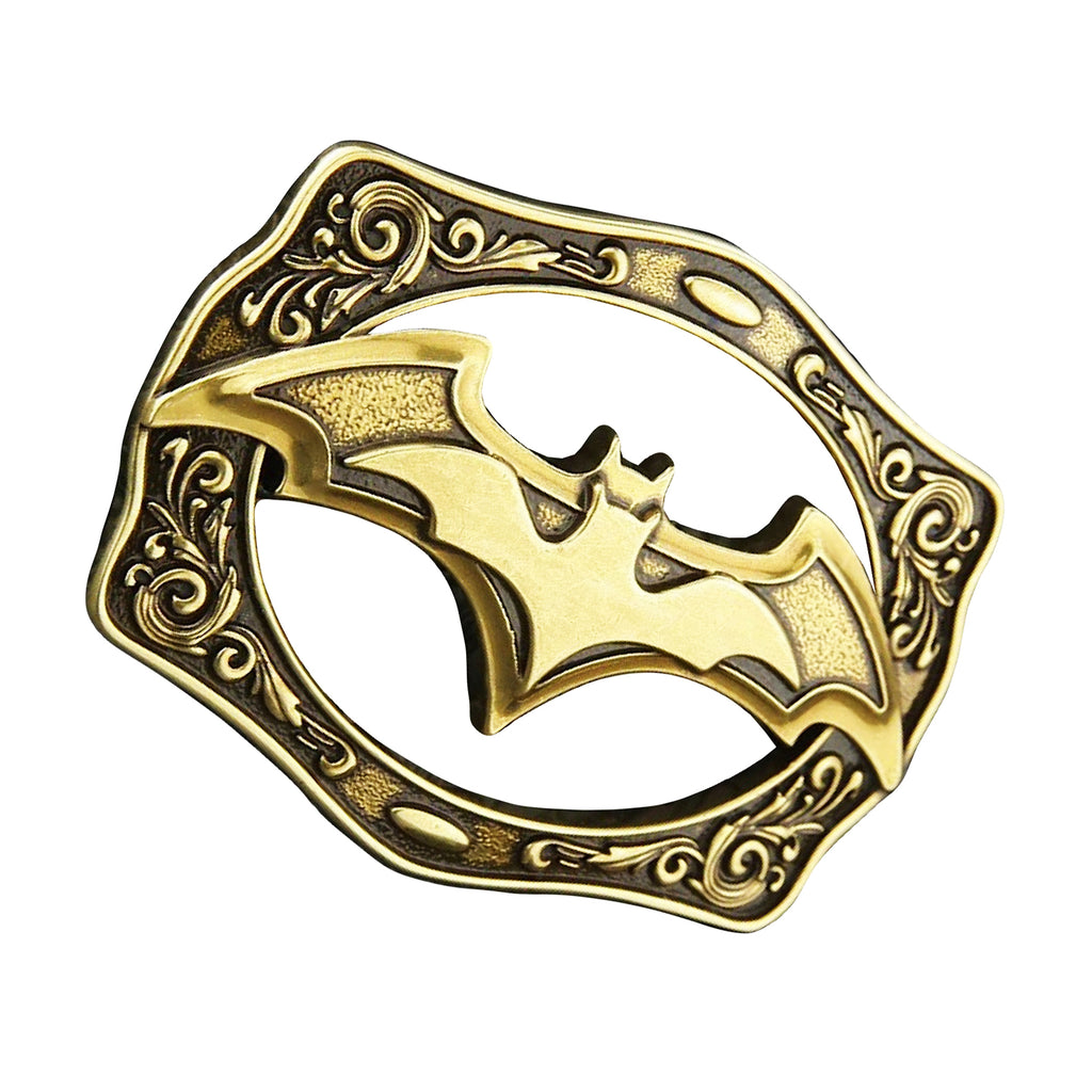 QHA Antique Brass Bat Symbol Belt Buckle with Ornate Scroll Frame Fits 38mm B03